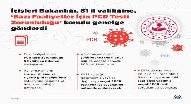 İçişleri Bakanlığından 81 İl Valiliğine PCR Genelgesi