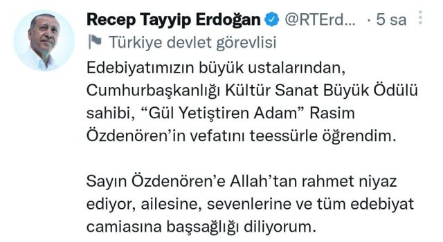 Cumhurbaşkanı Erdoğan'dan Taziye Mesajı