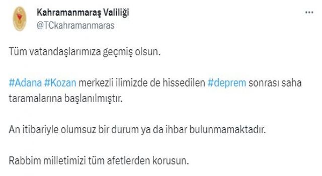 Kahramanmaraş Valiliği Sosyal Medya Hesabından Mesaj Yayımladı