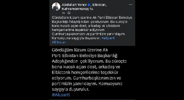 Abdullah Yener Adaylıktan Çekildi 