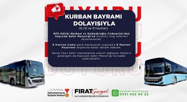 Bayramda NFK Kültür Merkezi ve Yıldızevler’den Kapıçam’a Ücretsiz Toplu Taşıma